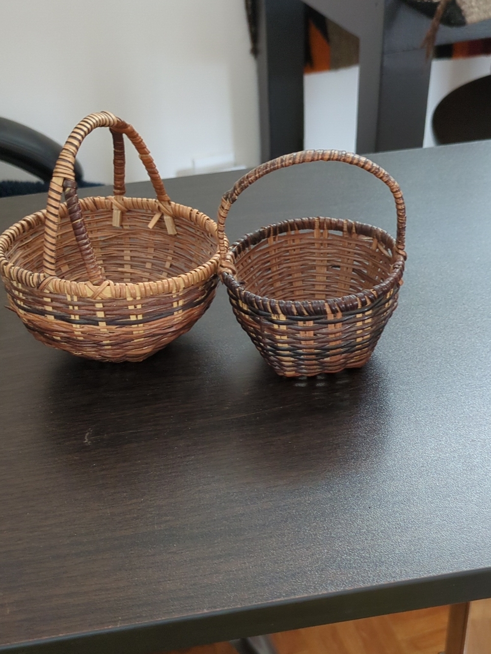 Mini Handwoven Brown Wicker Decorative Basket with Handle - Set of 2